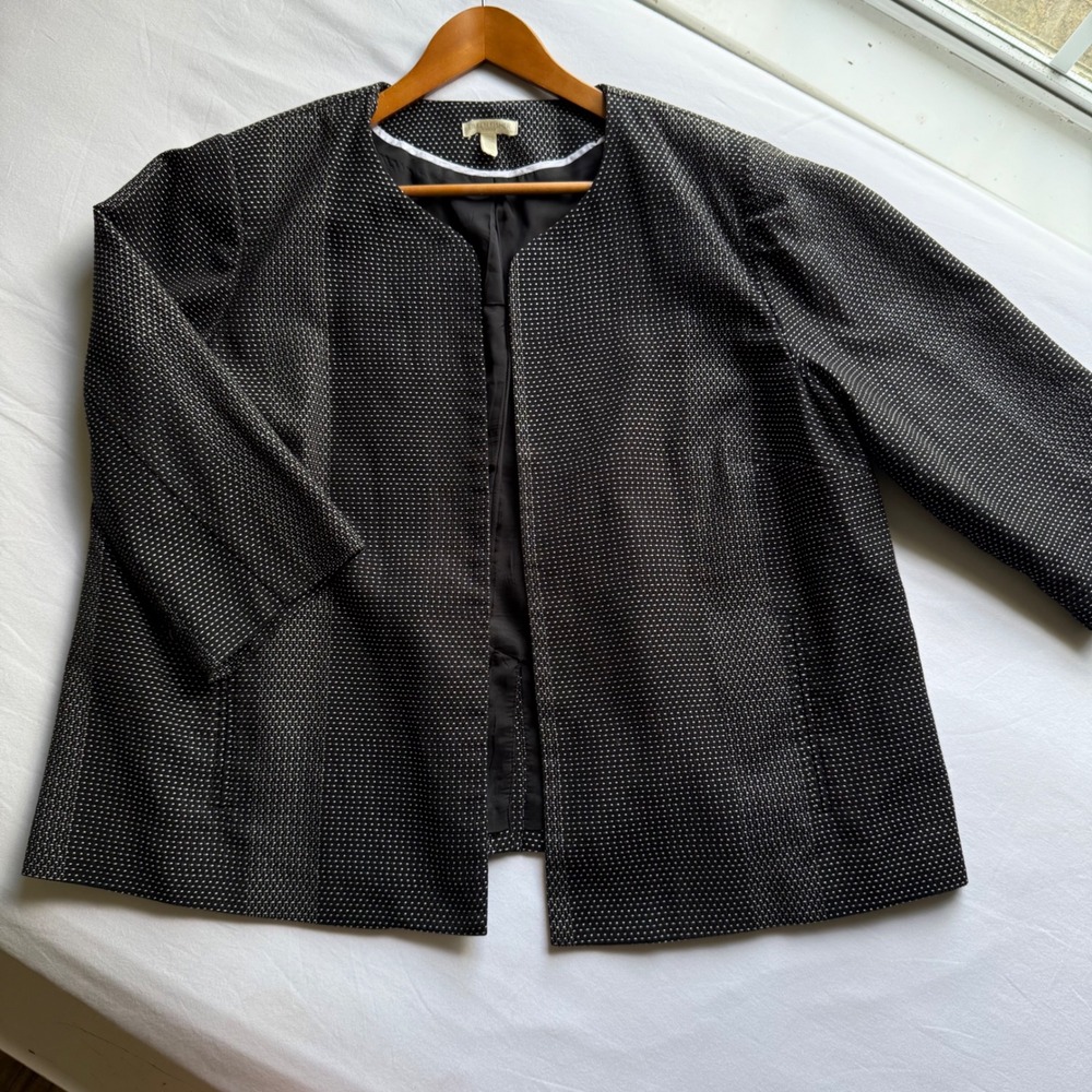 Eileen Fisher Woman Organic Cotton Open Front Jacket Black White 1X Office